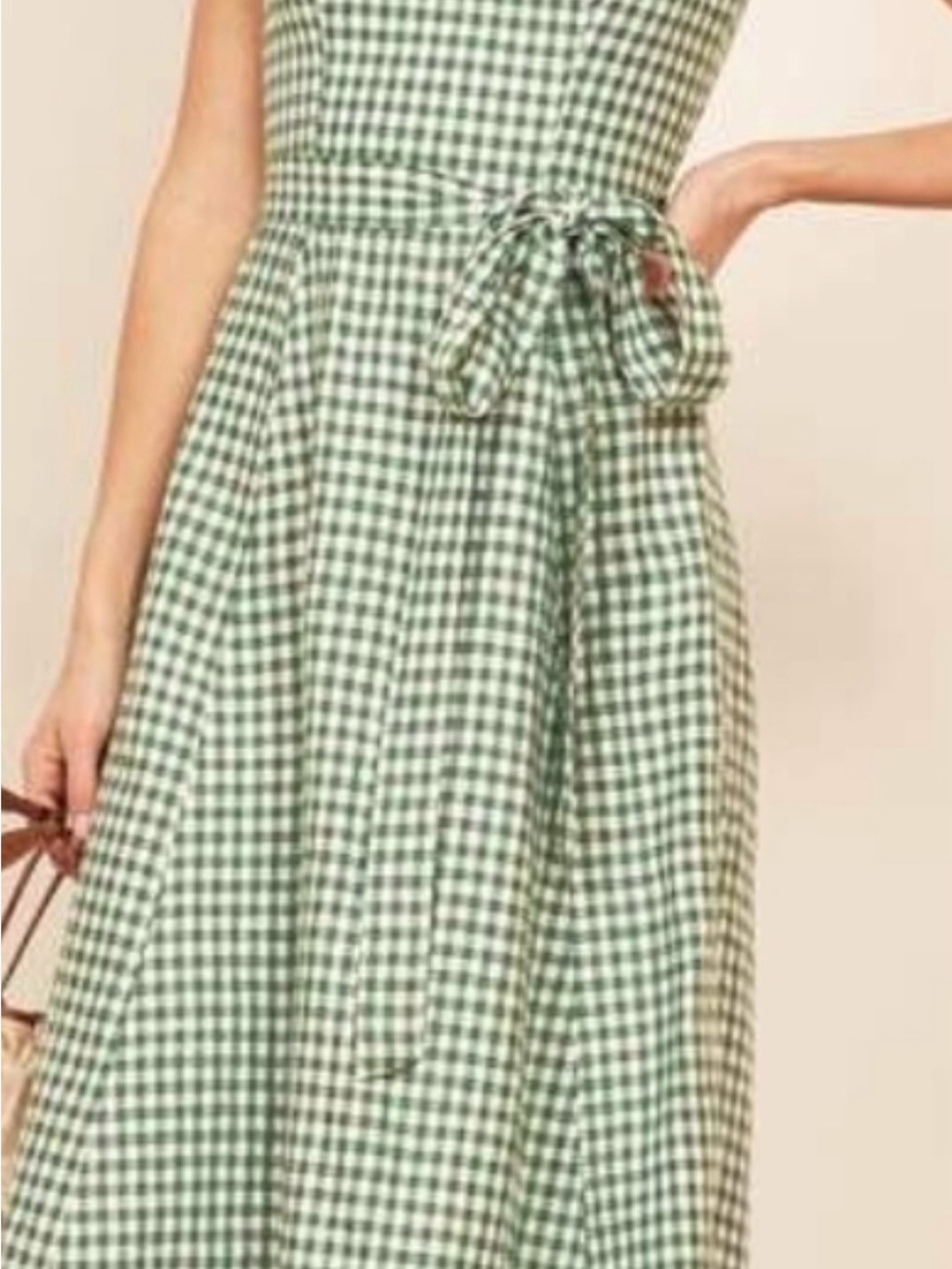 Reformation Garten Linen Green Gingham Tie-Waist Midi Dress
